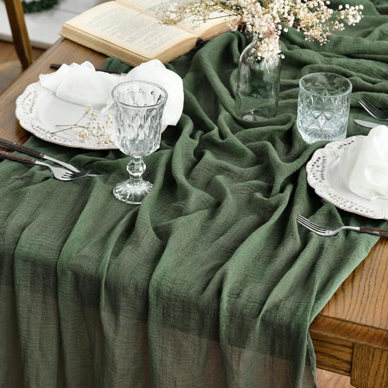 Boho Cheesecloth Gauze Forest Green Wedding Table Runner, 35x160 Inch Seasonal Fabric Kitchen Dining Holiday Table Decor for Home Party Indoor